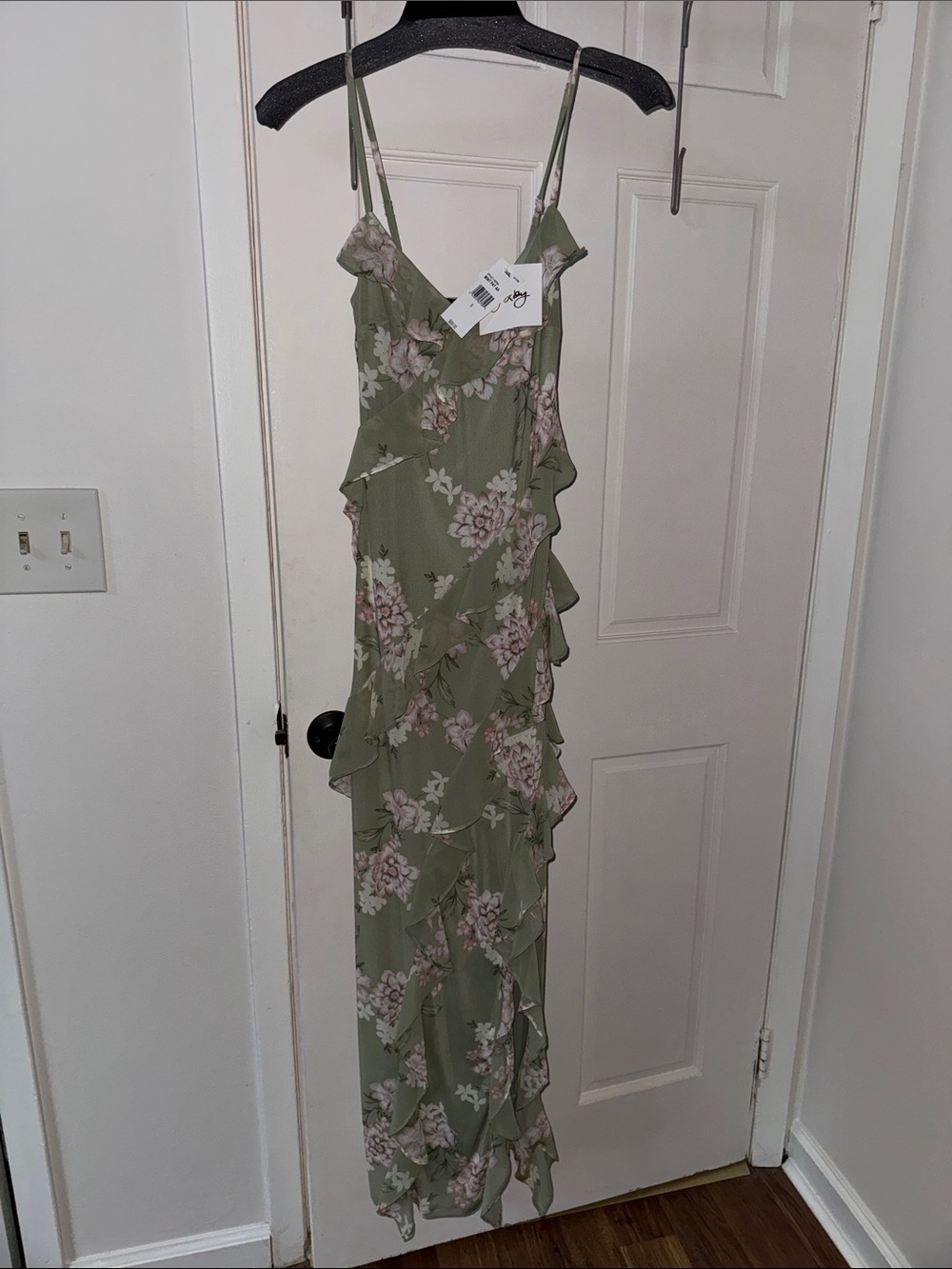 Olive/ Pink Green Floral Ruffle Maxi Dress with front slit
